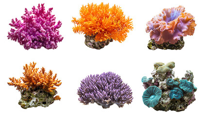 Six colorful coral pieces, transparent background.