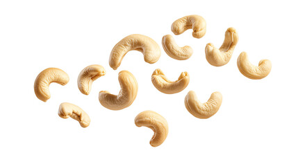 Flying Frozen Cashew Nuts Mid-Motion Isolated on Transparent Background