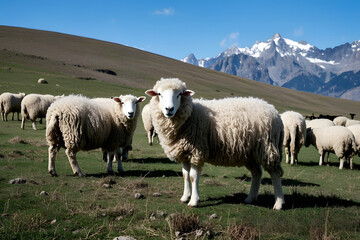 Fototapeta premium Flock of Sheep Grazing in a Mountain Pasture