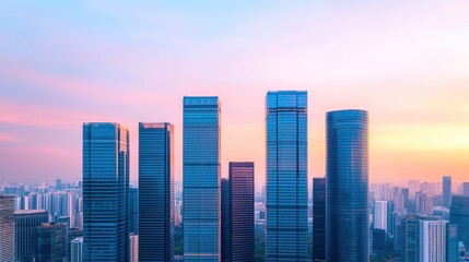 Obraz premium Stunning Aerial View of Modern City Skyline at Dusk with Skyscrapers Illuminated Against a Colorful Sunset Sky