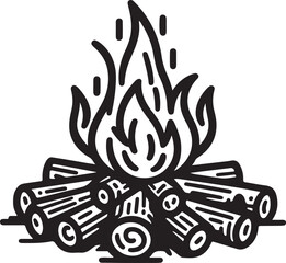 Hand-drawn illustration of a cozy campfire. This black and white line art graphic depicts a campfire with logs and flames