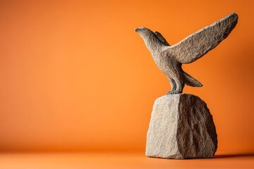 A stone sculpture of a soaring bird perched atop a rock.