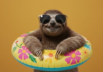 Fototapeta premium A cute sloth wearing sunglasses and an inflatable ring, looking happy and relaxed, on a bright yellow background