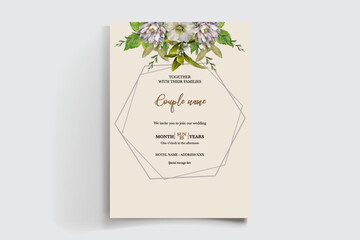 WEDDING INVITATION FRAME WITH FLOWER DECORATIONS AND FRESH LEAVES