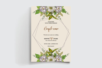 WEDDING INVITATION FRAME WITH FLOWER DECORATIONS AND FRESH LEAVES