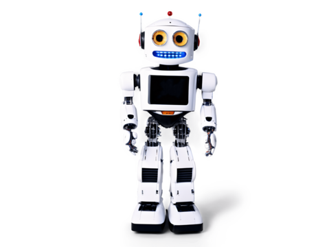 Humanoid robot standing with friendly expression isolated on transparency