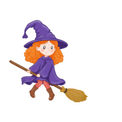 Cute little witch flying on a broomstick, wearing a purple cloak and hat, with red hair. Without background. Hand-drawn in whimsical children's book style. 