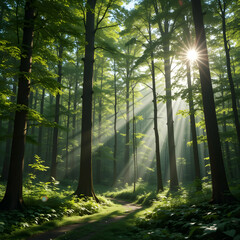 A scenic view of sunlight filtering through tall trees in a dense green forest with a path below