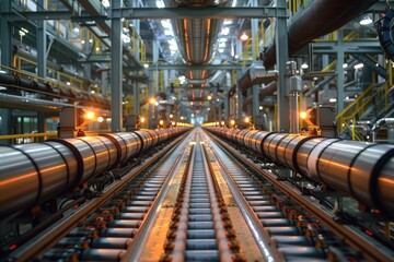 An industrial factory interior showing a conveyor and pipes setup