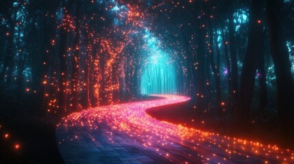 Enchanted Forest Path: A Digital Dreamscape of Glowing Lights and Mystical Trees