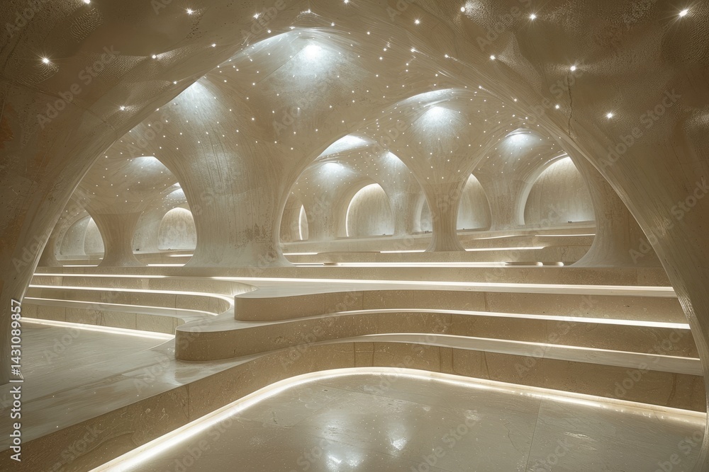 Poster an interesting architectural interior featuring curved columns and illuminated features