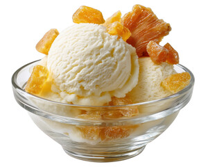 Creamy ginger ice cream topped with candied ginger pieces and dried pineapple, served clear glass bowl. This delightful dessert offers sweet and spicy flavor combination that is refreshing