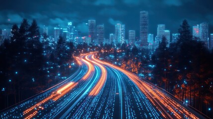 Fototapeta premium Neon Cityscape Night Drive: A Futuristic Highway Winding Through a Luminous Metropolis