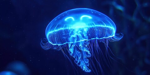 A jellyfish glowing in the deep, mysterious blue of the ocean, with its translucent body shimmering