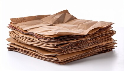 stacked crumpled brown paper sheets on white background