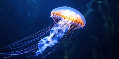 Fototapeta premium A jellyfish glowing in the deep, mysterious blue of the ocean, with its translucent body shimmering