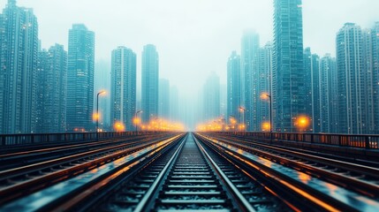 Fototapeta premium Vast Urban Landscape Featuring Railway Tracks Leading Into Bustling City Center Surrounded by Tall Skyscrapers Under Soft Misty Atmosphere