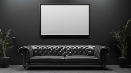Fototapeta premium a living room with a leather sofa and a blank poster frame on a black wall