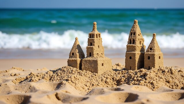 Two sandcastles are built on the beach