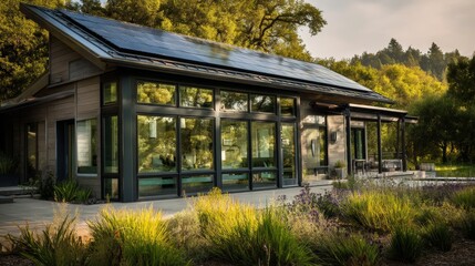Sustainable House with Solar Panels on Roof and Large Windows surrounded by Greenery and Landscaping