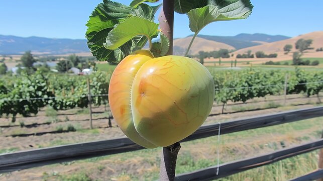Ripening twin peaches hang on a branch against a picturesque rural scene