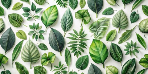 Fototapeta premium An array of lush green foliage, a vibrant collection of various leaf types arranged in a repeating pattern, showcasing the beauty of natural flora
