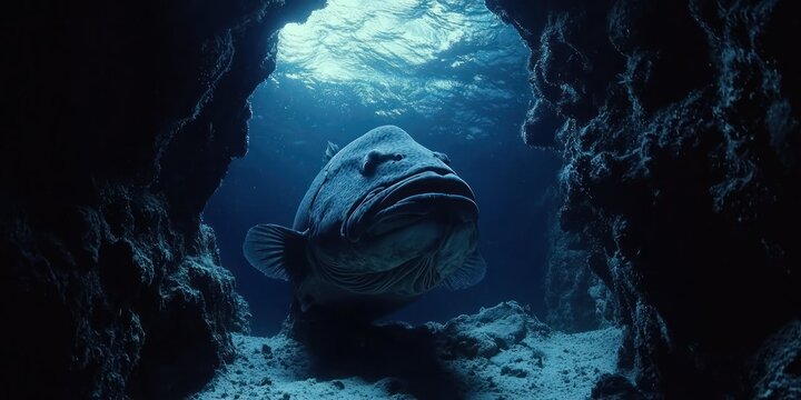 A large grouper resting inside a reef cave, its massive body barely visible in the shadows