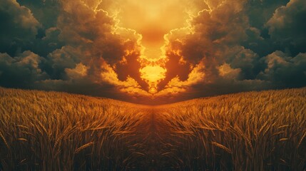 Beautiful sunset over the wheat field. Golden autumn landscape with a wheat field at sunrise or dusk.