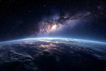 Earth at night, with a star-filled cosmos above it, showcasing the beauty and mystery of our planet from space.