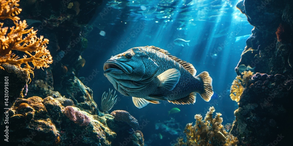 Aufkleber a large grouper resting inside a reef cave, its massive body barely visible in the shadows