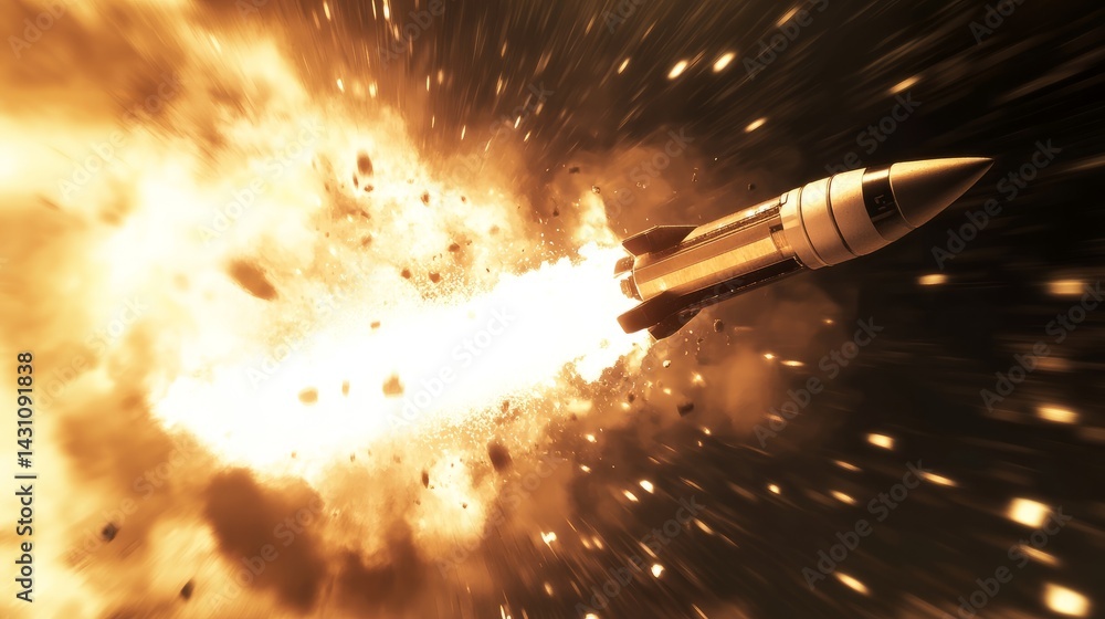 Poster rocket launch animation bursting out of a laptop, blending physical science with virtual imagination