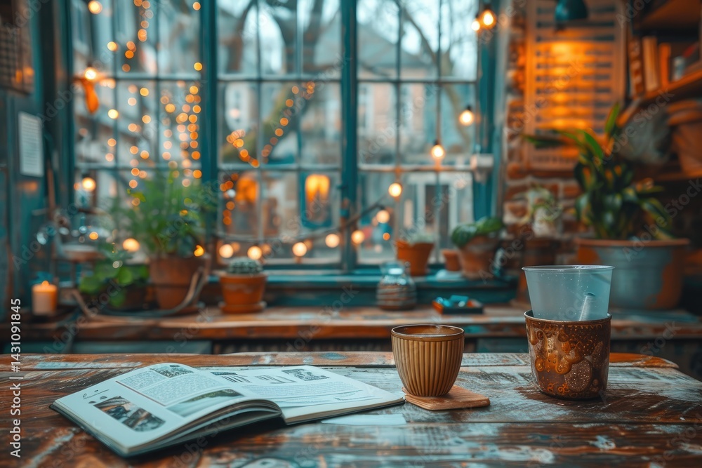 Poster an inviting indoor scene featuring a table with objects