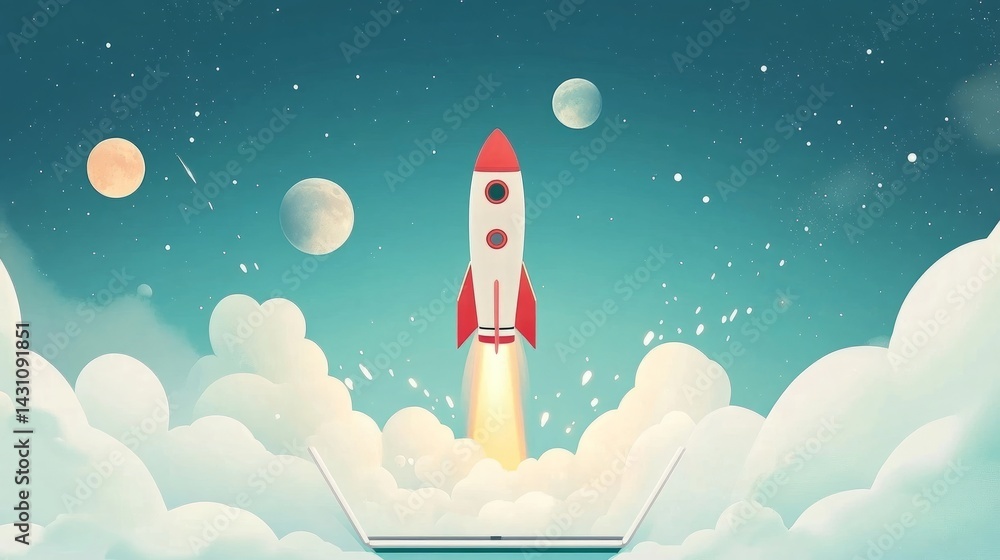 Poster rocket launch animation bursting out of a laptop, blending physical science with virtual imagination