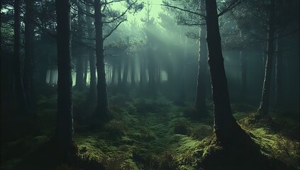 Photograph of a pine forest with tall trees, misty morning light, sunlight filtering through the fog, ground covered 
