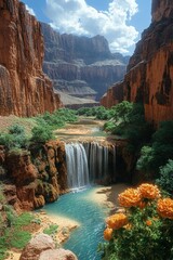 Waterfall flows into turquoise water surrounded by canyon walls and green vegetation.