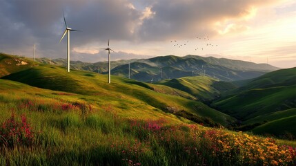 Wind Turbines Green Hills Landscape Sunset Renewable Energy Grass Field Flowers Cloudy Sky Scenic California Environment Electric Power Generation Sustainability