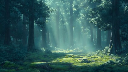Fototapeta premium Photograph of a pine forest with tall trees, misty morning light, sunlight filtering through the fog, ground covered 