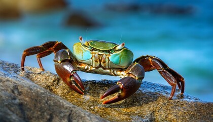 a green and brown crab is on a rock