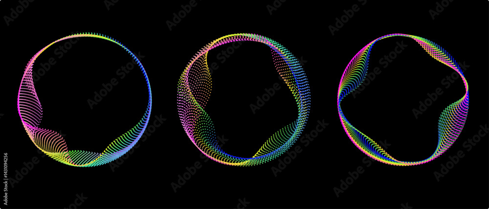 Poster Neon gradient curved waves in round shapes. Set of bright spinning circular borders. Vector collection of colorful glowing circular tech frames.