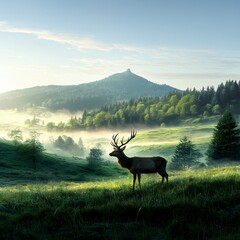 Naklejka premium Majestic Stag in Misty Mountain Valley Sunrise