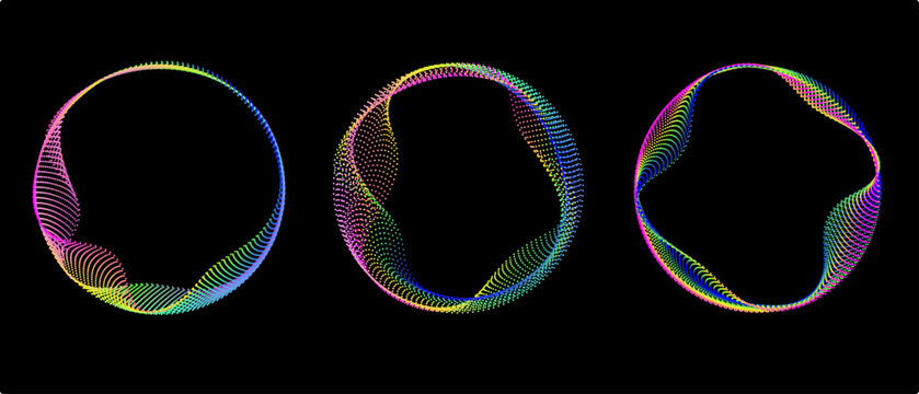 Neon gradient curved waves in round shapes. Set of bright spinning circular borders. Vector collection of colorful glowing circular tech frames.