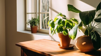 Fototapeta premium Sunlit indoor scene featuring potted plants on a wooden table by a window with soft shadows