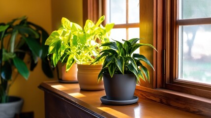 Fototapeta premium Indoor plants on a windowsill basking in sunlight with a warm, inviting background