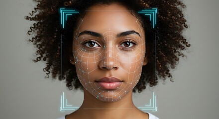 Close-up portrait of a woman with facial recognition technology overlaid