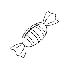 Candy doodle sign isolated on white background. Vector illustration. Sweets symbol. Wrapped caramel yummy icon linear graphic drawing. Childish tasty sugar dessert coloring image.