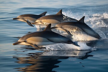 Fototapeta premium Four dolphins swimming and leaping playfully in the ocean waves, capturing the beauty and agility of these creatures.