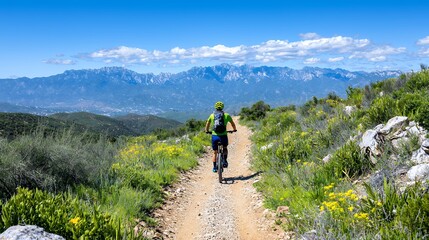 Fototapeta premium Male Mountain Biker on Scenic Trail with Panoramic Mountain View