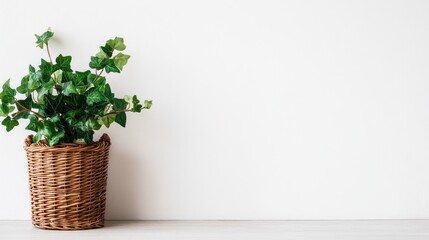 Potted ivy plant in a woven basket against a minimalist white wall, ideal for home decor
