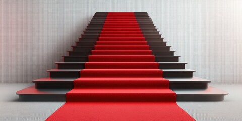 Elegant red carpet stairs leading to a grand event entrance in a modern venue setting during a prestigious occasion