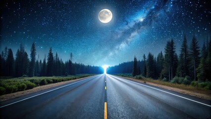 Night Journey A Serene Road Through a Starlit Forest Under a Full Moon